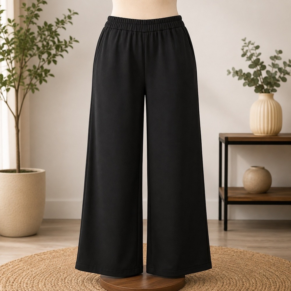 NEW Denim & Co Wide Leg Pants Womens XS Black Elastic Waist Flowy Trousers